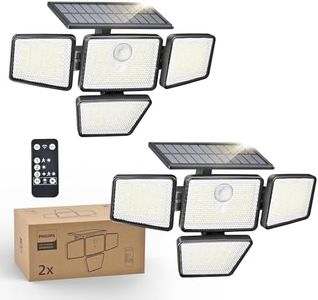 Philips Solar Security Light Outdoor, 196 LED Wall-Mounted Flood Light w/PIR Motion Sensor, 3 Modes, 4 Adjustable Heads Solar-Powered Floodlights with Remote Control, IP65 Waterproof (2 Pack)
