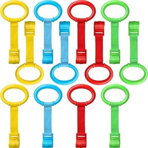 Yulejo 12 Pieces Pull up Rings Crib Pull Rings 4 Color Cot Hanging Rings Walking Assistant Walking Crib Hook Safety Pull up Bar