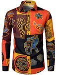 LucMatton Men's Linen Stylish African Traditional Pattern Printed Long Sleeve Button up Shirt Yellow Large