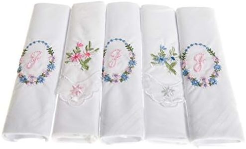 Surf the Shop Pack of 5 Ladies Initial Embroidered White Handkerchiefs with Satin Border and Matching Floral Handkies, Various Letters