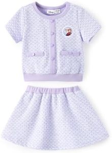 Disney Frozen Elsa Anna Toddler Girl 2 Piece Outfit Light Purple Short Sleeve Character Print Button Knit Elegant Top & Tweed Skirt Set Birthday Party Dress Costume Summer Holiday Clothes Gift 2T