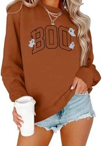 PICKID Halloween Sweatshirt for Women Cute BOO Graphic Shirt Crewneck Pullover Sweatshirts, Brown, Medium