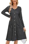 OUGES Women's Long Sleeve Winter Fall Dress Casual A-line Midi Spring Dresses with Pockets(Black Polka Dot,M)