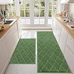 COSY HOMMER 2 Pack Nonslip Kitchen Rug Set, 100% Polyester Absorbent Soft Kitchen Floor Mats Carpet Rug Mat Runners,Machine Washable & Anti-skid TPR Backing, 61x90cm+61x152cm, Green