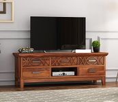 MetalTree Exquisite Sheesham Wood TV Unit: 5-Drawer Chest with 1 Shelf Storage, Ideal for up to 65-Inch TVs - Perfect Addition to Your Living Room (Allan, Honey Finish)