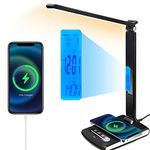 LED Desk Lamp with Wireless Charger, Table Lamp with Clock, Alarm, Date, Temperature, Office Lamp, Desk Lamps for Home Office (Black T189)