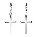 Flongo Men's Womens Vintage Stainless Steel Cross Dangle Stud Earrings, Religious Christmas Cross Drop Dangle Earrings