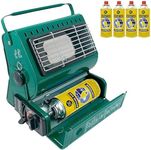 Portable Gas Heater + 4 Butane Gas Bottles Canisters - For Outdoor Camping, Hiking, Fishing, Caravan & Skiing Trips - Emergency, Safety Grill, Auto Ignition, Carry Handle & Temp Control