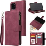 QLTYPRI Case for iPhone 12/iPhone 12 Pro, Large Capacity Leather Wallet Case 6 Card Holder & 1 Zipper Pocket Kickstand Wrist Strap Magnetic Protective Cover for iPhone 12/12 Pro (6.1 Inch) - Red