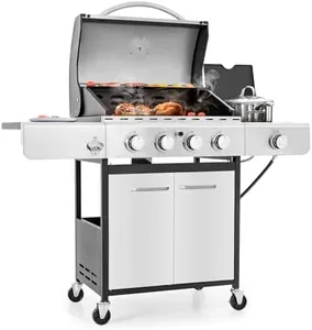 MFSTUDIO 4-Burner Propane Gas Grill, Stainless Steel BBQ Grill with Side Burner and Porcelain-Enameled Cast Iron Grates, High Heat Output Gas BBQ Grills for Barbeque and Outdoor Cooking