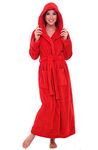 Alexander Del Rossa Women's Plush Fleece Hooded Bathrobe, Full Length Long Warm Lounge Robe with Hood, True Red, Small