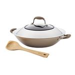 Anolon Advanced Hard Anodized Nonstick Wok/Stir Fry Pan with 13 Inch Wooden Spoon, 14 Inch, Light Brown