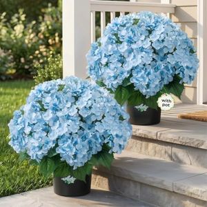 Auihiay 2 Potted Hydrangea Artificial Flowers, Blue Outdoor Faux Hydrangea