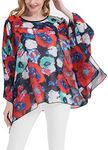 Max Hsuan Womens Summer Solid Sheer Batwing Blouse Chiffon Caftan Poncho Tunic Top Plus Size Cover up, #Red Blue Floral