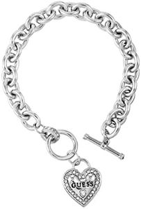 GUESS Silvertone Heart Logo Charm Toggle Bracelet, one size, Metal, no gemstone