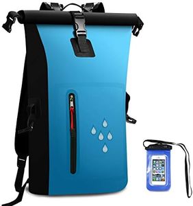 Waterproof Backpack Dry Bag 25L Adjustable Shoulder Strap roll top Bag with Waterproof Phone Case for Kayaking Skiing Camping Swimming Fishing Water Sports Travel Hiking Folding Travel (Blue)