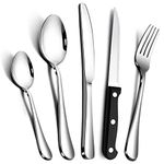 RayPard Silver 30-Piece Stainless-Steel Cutlery Set with Steak Knives Service for 6, Flatware Set for Home Restaurant, Tableware Dinnerware Knife Fork Spoon, 24 pcs + 6 pcs