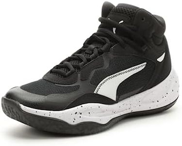 PUMA Unisex-Child Playmaker Pro Mid Splatter Sneaker, Black/White, 4 US
