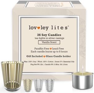Lovley Lites Soy Tealight Candles Vanilla - 36 Premium Long Burning Tea Lights, 1 Inch Tall Vanilla Scented with Essential Oils + Glass Candle Holder