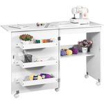 Warmiehomy Wooden Folding Sewing Tables for Sewing Machines, 2-In-1 Craft Table with Storage Shelves and Wheels, Hideaway Computer Desk, 118cm(L) x 40cm(W) x 77cm(H), Saving Space, White