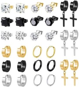 BVLAGIDA 15 Pares Pendientes Hombre Acero Inoxidable Pendientes Colgantes con Cruz Pendientes de Circón Pendientes Aro Plata/Oro/Negro para Hombre Mujer