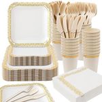 350PCS Gold Paper Plates for 50 Guests, Disposable Dinnerware Sets Include 100 Gold Rim Paper Plates, 50 Silverware Set, 50 Napkins, 50 Paper Cups for Party, Wedding & Birthday