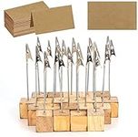 20 Pcs Rustic Wood Place Card Holders with Memo Clips and 30 Pcs Kraft Place Cards, Wooden Table Number Holder Stand Photo Picture Note Clip Holders for Wedding Party Name Sign - Cube Base