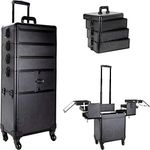 Sunrise I3364 Pro 4 Wheels 4 in 1 Rolling Makeup Cosmetic Train Case Organizer with 9 Trays, Smooth Black