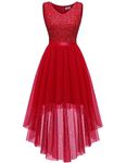 BeryLove Cocktail Homecoming Dresses 2024 Formal Wedding Guest Dresses Sleeveless Lace High Low Prom Dress, Tulle Sequin Red, Medium