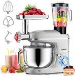 Stand Mixer, BABROUN 6 IN 1 Multifunctional Electric Kitchen Mixer with 6.5QT Stainless Steel Bowl, 1.5L Glass Jar, Meat Grinder, Dough Hook, Noodle Mould, 6 Speeds Food Mixer for Baking Mixing