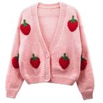 HOULENGS Women's Kawaii Strawberry Print Button Down Long Sleeve V Neck Crop Cardigan Sweater, Pink, One Size