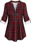 Tanst Sky Cuffed Sleeve Blouse, Casual Fashion Red Plaid Shirt Zip Up Notch Neck Pullover Tops Rolled Sleeve Checkered Print Blouse Long Curved Hemline Tunics Red XL