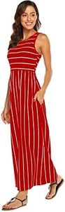 Women's Summer Sleeveless Striped Flowy Casual Long Maxi Dress with Pockets (Red, Large)