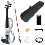 Kinglos 4/4 White Blue Flowers Colored Solid Wood Advanced Electric/Silent Violin Kit with Ebony Fittings Full Size (DSG1201)