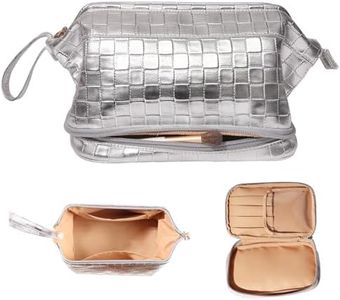Abiudeng Large Makeup bag for Women,Pretty makeup bag, Waterproof Cosmetic Bag,Silver Make up Travel Bag Essentials,Cute Travel Toiletry Bag for Girls Wide open Makeup Bag Organizer with Bottom Pouch