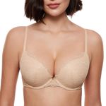 DOBREVA Women's Push Up Bra Eyelash Lace Sexy Cleavage Underwire Support Plunge Bras Beige 34DD