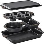 Navaris Nonstick Bakeware Set, 5-Piece Including Cookie Sheet, Muffin Tray, Loaf Pan, Cake Pan, Roasting Tray with Silicone Handles, Dishwasher Safe - Carbon Steel - Black