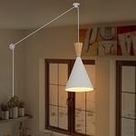 LUSTORM 1 Modern White Plug in Pendant Light Fixture with Switch Cord Wood Metal Small Ceiling Hang Light with Wall Mounted 350cm Rope Pendant Lamp for Kitchen Island, Bedside