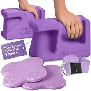Deep-Zen PRO Yoga Blocks | Ergonomic Yoga Block 2 Pack for Wrist Comfort and Support | EVA Foam Exercise Blocks, 2x Knee Pads & Yoga Strap | Pilates Block Set | Bricks to Eliminate Wrist Pain, Purple
