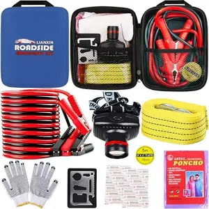 LIANXIN Car Roadside Emergency Kit, with Jumper Cables Automotive Kit,Car Safety Roadside Assistance Kit Headlamp,Tow Straps, Multi-Function Blades, Rainwear, Gloves.Blue