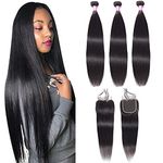 FQ Peruvian Straight Human Hair Bundles with Closure(16 18 20+12) Middle Part Unprocessed Virgin Human Hair 3 Bundles with Closure 10A Straight Hair Weave Bundles with Lace Closure Natural Color