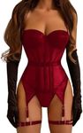 Lilosy Sexy Strappy Garter Belt Underwire Mesh Sheer Babydoll Lingerie Women Corset Bustier Chemise Nightshirt 2 Piece, 2 Piece Burgundy Red, Medium