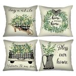 Tucocoo Modern Decorative Pillow Covers 18x18 inches Set of 4 Fresh Green Throw Pillow Covers Floral Plant Square Pillowcase Black and White Plaid Pattern Cushion Case for Couch Sofa Bed Car Patio