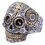 Gothic Real 925 Sterling Silver Mexican Sugar Skull Head Ring Gold Eye Cross Punk Biker Jewellery for Men Women Size W 1/2