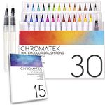 CHROMATEK 30 Watercolor Brush Pens - 15 Page Tutorial Pad and Online Video Series - Real Brush Tip, Vivid, Blendable - Professional Artist Quality - 27 Colors - 3 Aquapens