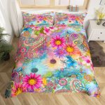 Flowers Tie Dye Duvet Cover Set King Size,Colorful Paisley Print Comforter Cover with 2 Pillowcases Bedspread,Romantic Boho Floral Microfiber Quilt Cover for Adult Women, 3 Pieces