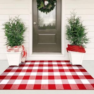 KIMODE Christmas Door Mats Outside 3'x5', Red and White Buffalo Plaid Rug, Farmhouse Christmas Front Door Mat, Washable Reversible Outdoor Christmas Decor for Front Porch Entryway Kitchen
