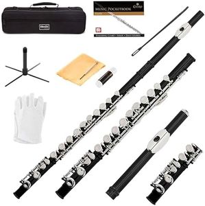 Mendini By Cecilio Flutes - Closed Hole C Flute For Beginners, 16-Key Flute with a Case, Stand, Lesson Book, and Cleaning Kit, Musical Instrument for Kids, Black Flute