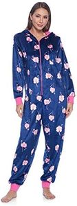 Ashford & Brooks Women's Fleece Hooded One Piece Pajama - Navy Pink Flamingo - Large