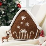 Phantoscope Gingerbread House Merry Christmas Throw Pillow, Plush Faux Rabbit Fur Roof Embroidered Teddy Gingerbread House Shaped Pillows Xmas Decorative Cushion Pillows, Coffee, 12 x 13 inches